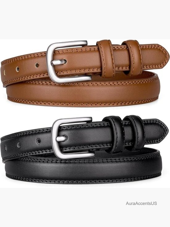 2 Pack Women\'s Faux Leather Skinny Belt with Silver Buckle main image 6